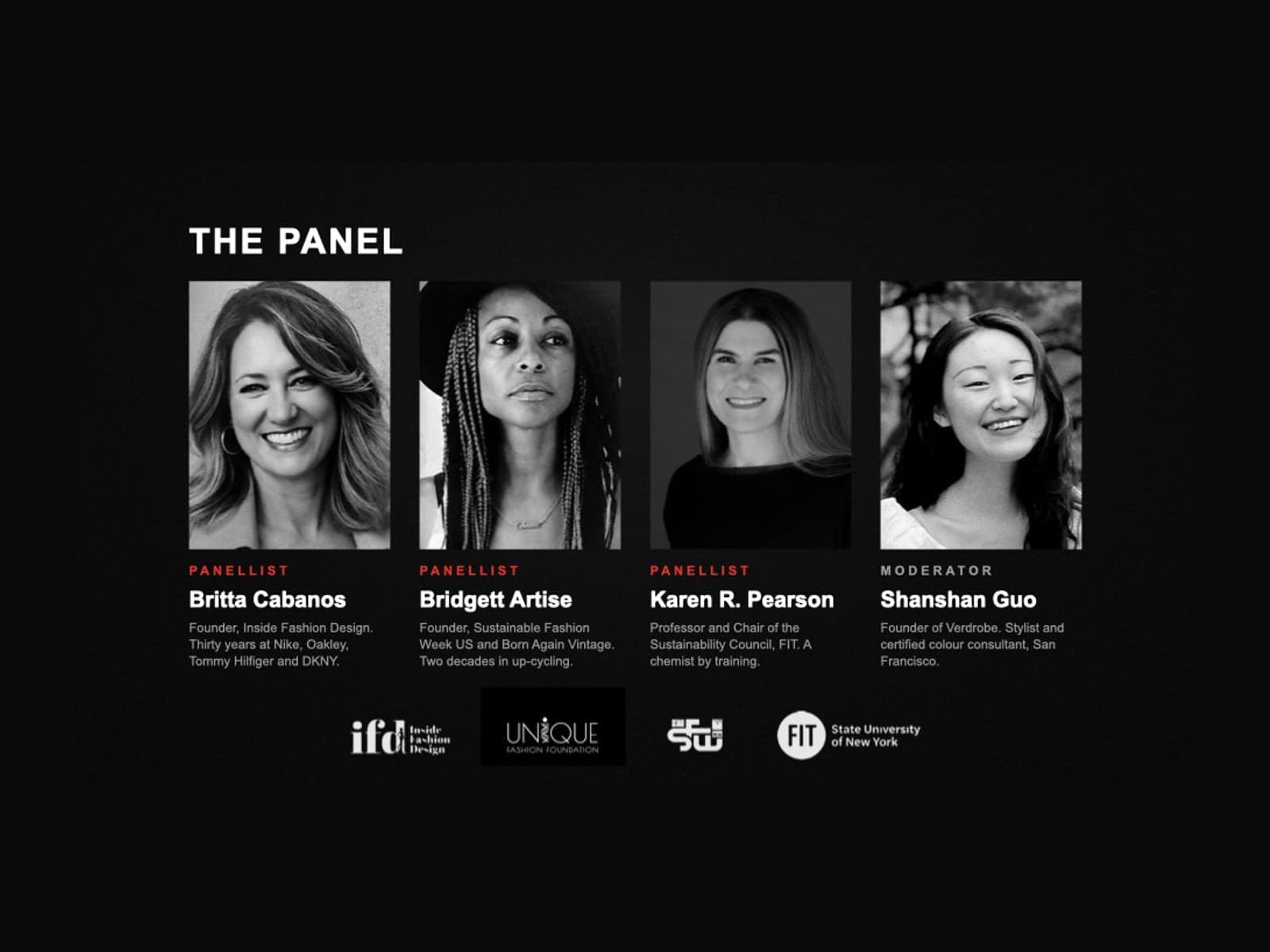 The speaker card for the Sustainable Fashion Panel at New York Fashion Week 2026, with Shanshan Guo listed as moderator