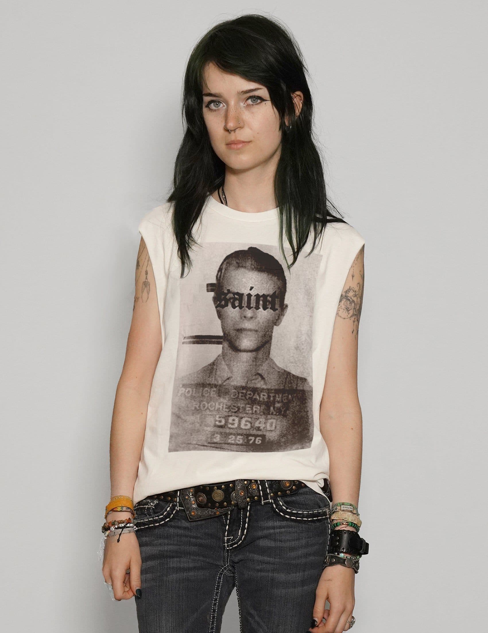 Stuart Trevor ‘Saint’ Vest in ecru with David Bowie graphic