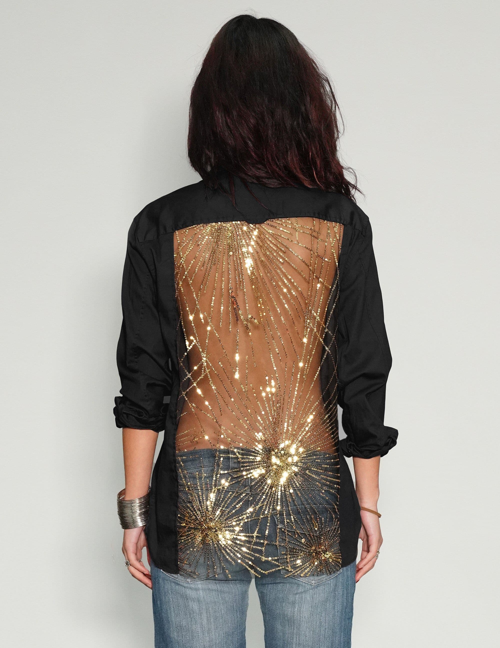Stuart Trevor Party Back Shirt with gold star sequin in black cotton