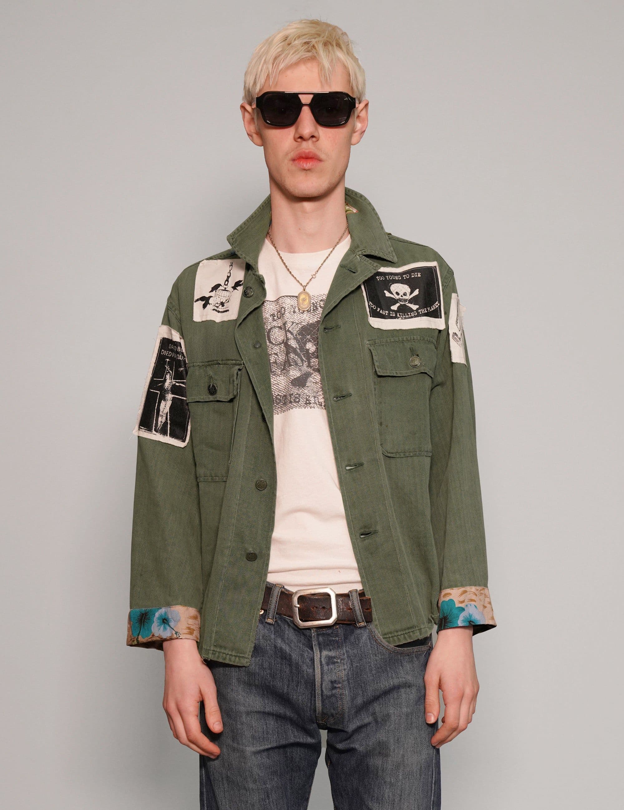 Stuart Trevor men’s ‘Saint’ Patched Field Shirt with Bowie motif